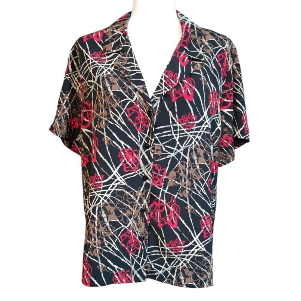 Sag Harbor Short Sleeve Black Red and Beige Button Down Women's Blouse Size 18